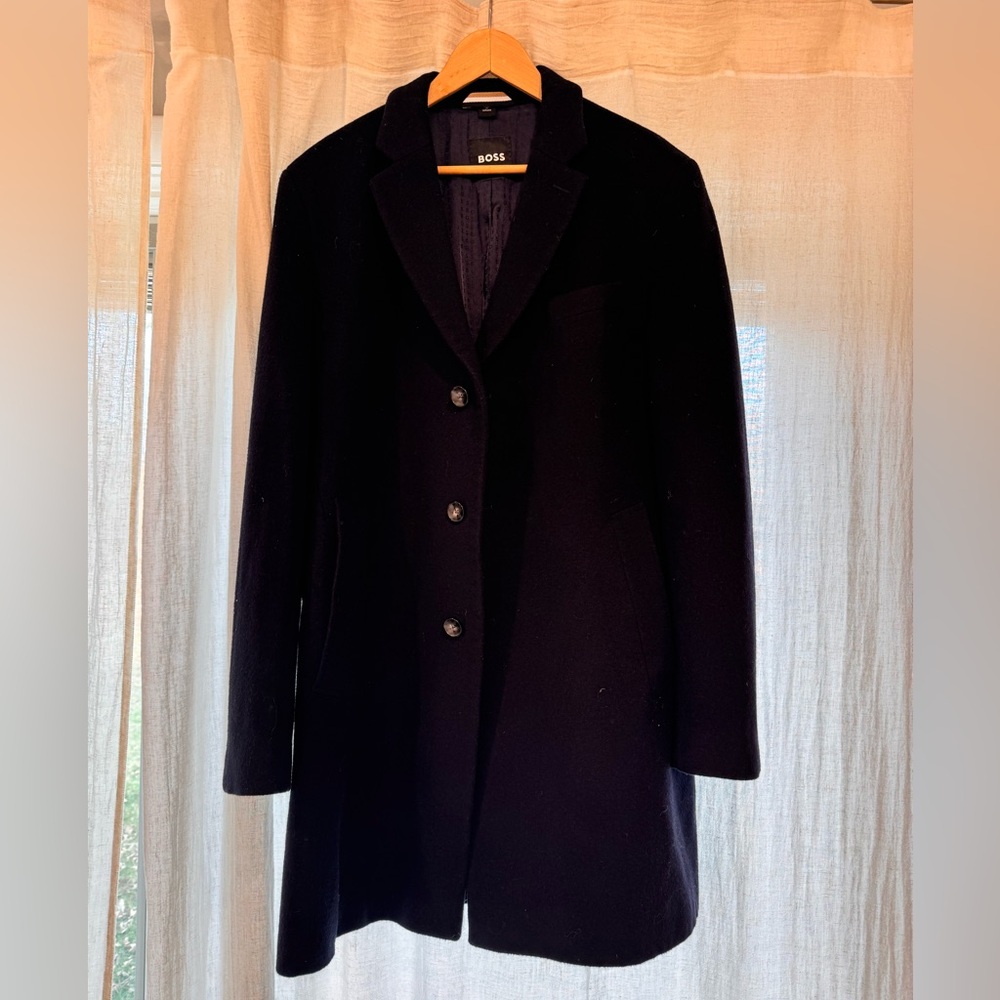 Men’s Hugo Boss - 44R - Navy Blue Pea Coat Tailored Cashmere Wool Blend